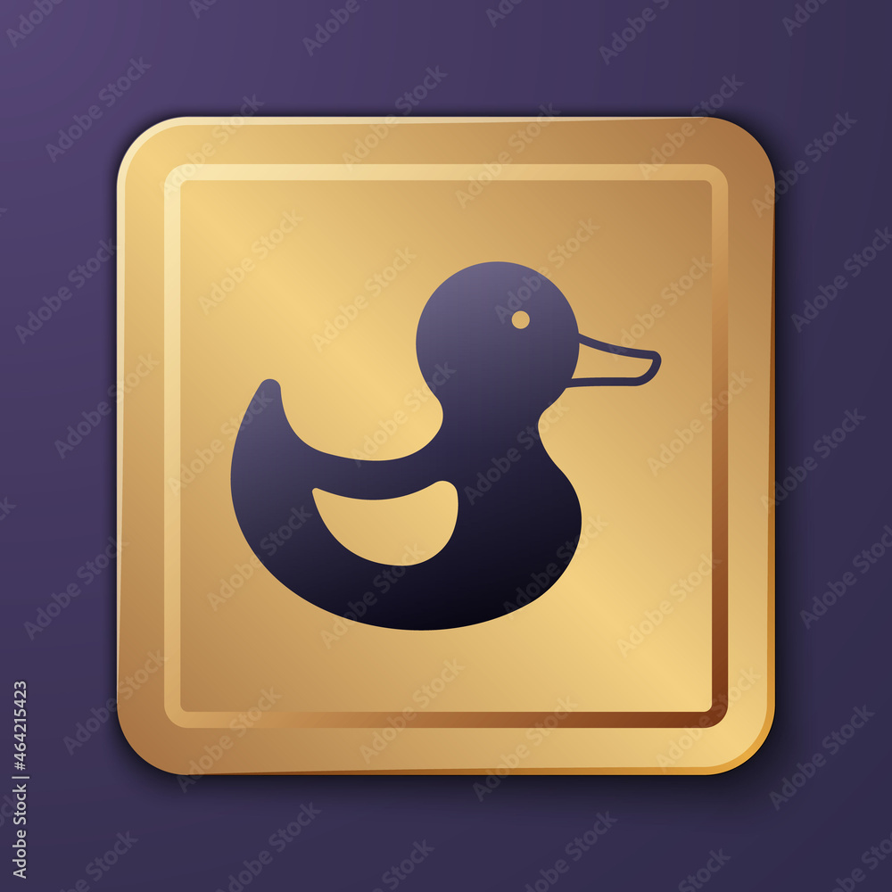 Purple Rubber duck icon isolated on purple background. Gold square button. Vector