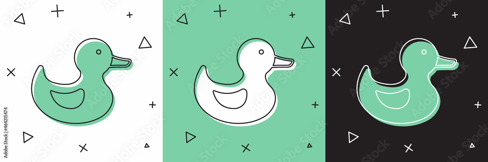 Set Rubber duck icon isolated on white and green, black background. Vector