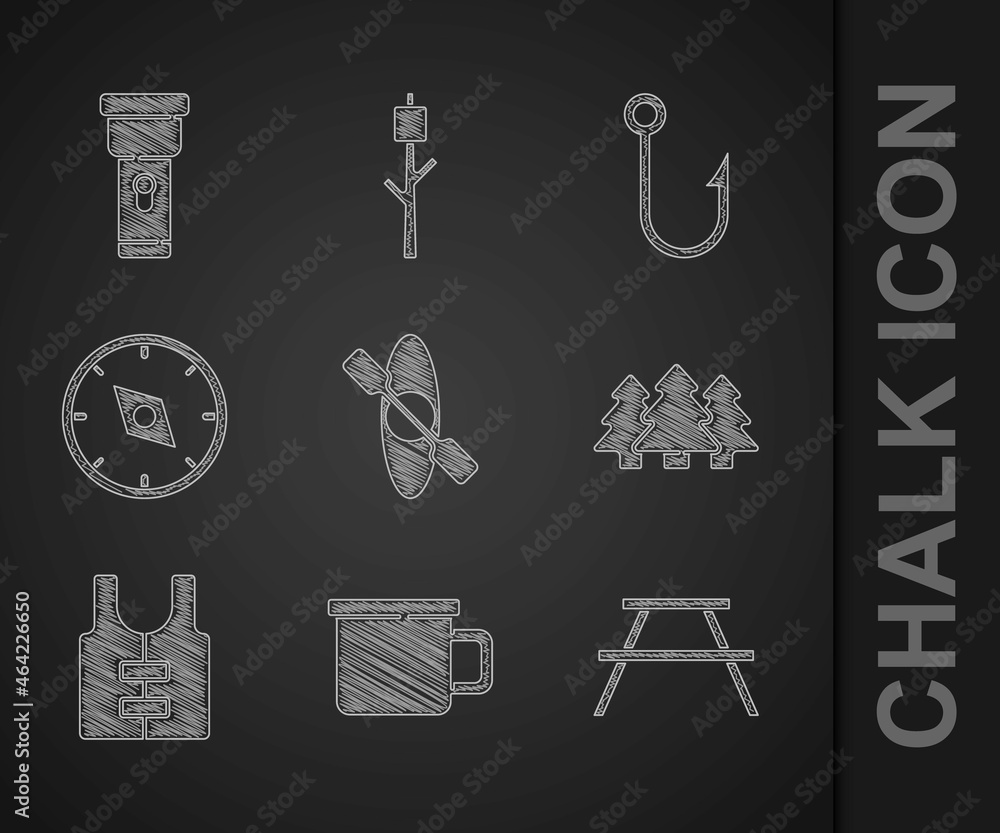 Set Kayak or canoe, Camping metal mug, Picnic table with benches, Forest, Life jacket, Compass, Fish