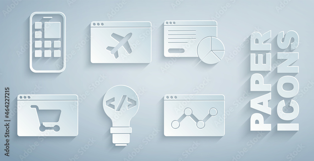 Set Front end development, Website statistic, Online shopping screen, template and Mobile Apps icon.