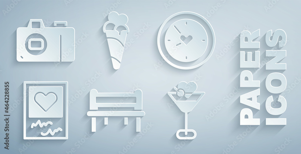 Set Romantic bench, Clock with heart, Photo frames and hearts, Martini glass, Ice cream waffle cone 