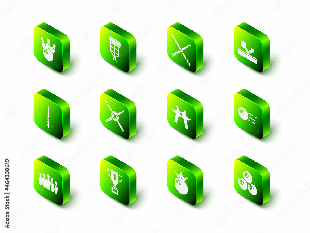 Set Billiard pocket, Crossed billiard cues, ball, rest, Bowling and Award cup icon. Vector