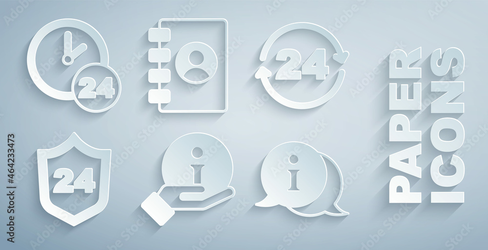 Set Information, Telephone 24 hours support, Address book and Clock icon. Vector