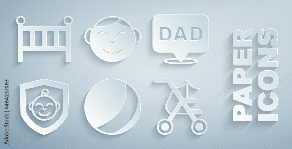 Set Beach ball，Speech bubble dad，Baby on shield，婴儿车，小男孩头和婴儿床摇篮床ico