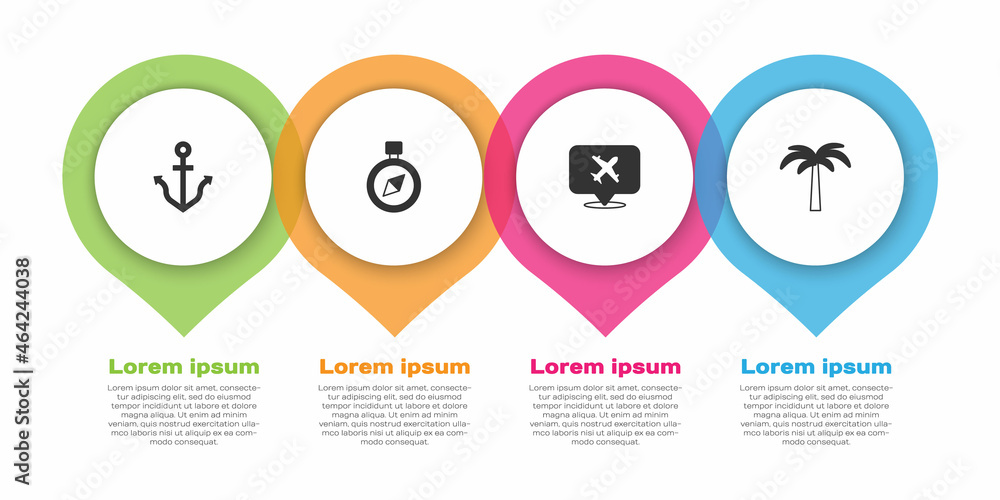 Set Anchor, Compass, Speech bubble with airplane and Tropical palm tree. Business infographic templa