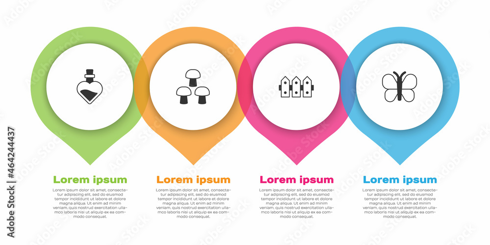 Set Bottle with love potion, Mushroom, Garden fence wooden and Butterfly. Business infographic templ