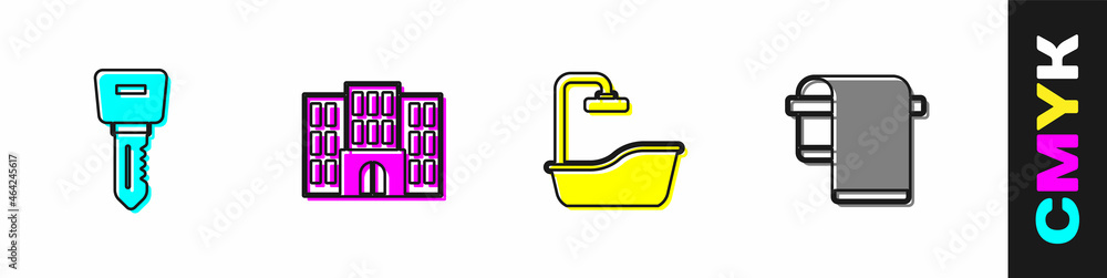 将酒店门锁钥匙、建筑、浴缸和毛巾挂在挂钩图标上。矢量