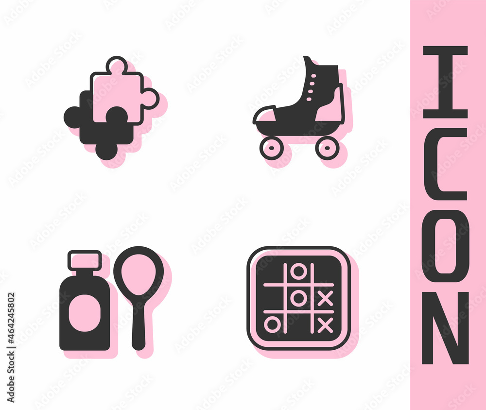 Set Tic tac toe game, Puzzle pieces toy, Soap bubbles bottle and Roller skate icon. Vector