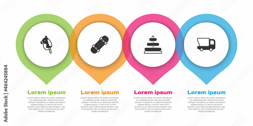 设置玩具马、滑板、金字塔玩具和卡车。商业信息图模板。矢量