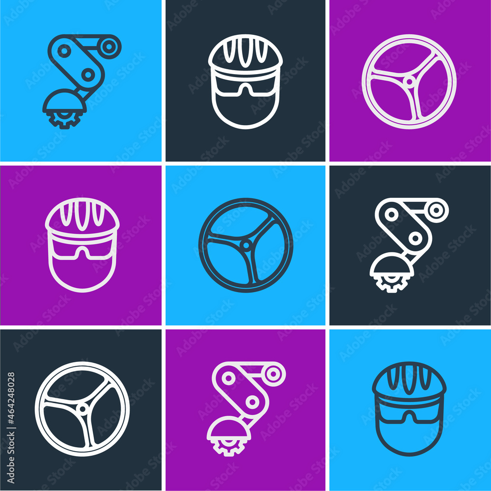 Set line Derailleur bicycle rear, Bicycle wheel and helmet icon. Vector