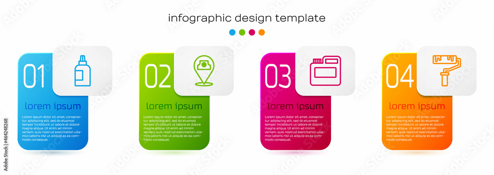 设定线油漆、水粉、罐子、染料、喷雾罐和滚筒刷。商业信息图模板。Vecto