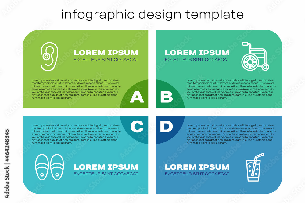 套装拖鞋、助听器、带水玻璃杯和轮椅。商业信息图模板。Vect