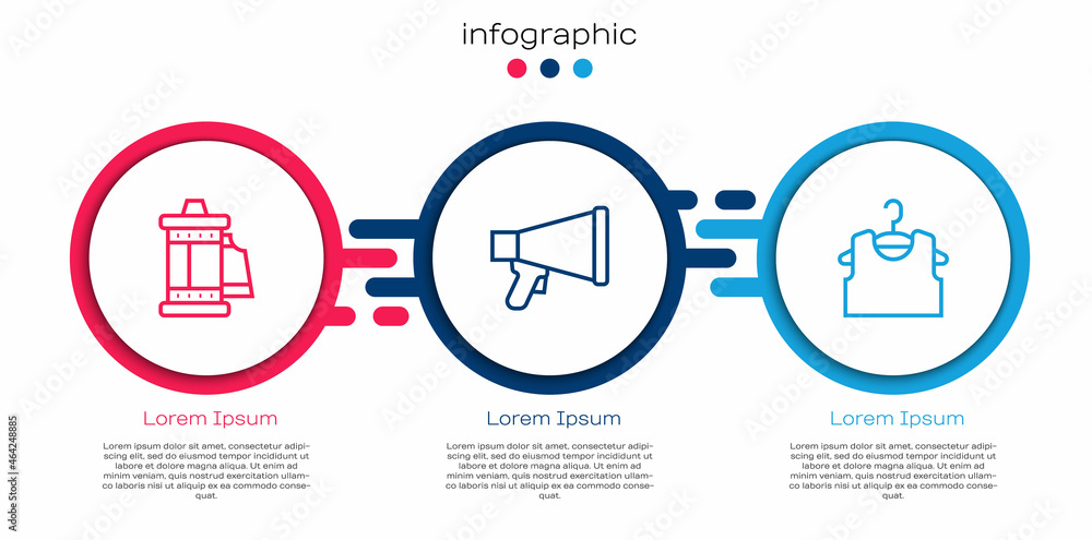 套装照相胶卷暗盒、扩音器和无袖T恤。商业信息图模板。Vec