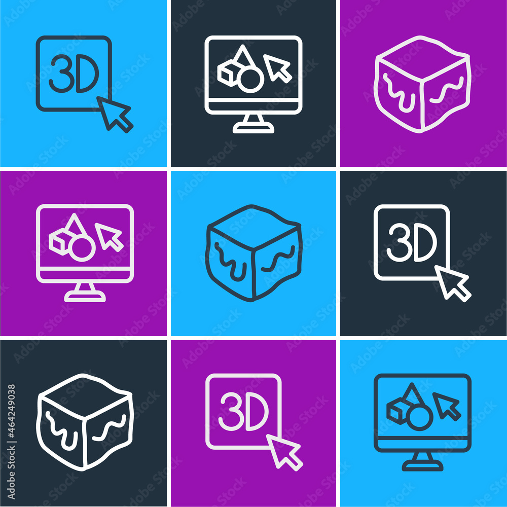 Set line 3D printer, Isometric cube and software icon. Vector