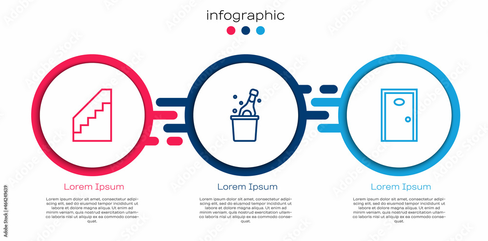 设置线楼梯、香槟瓶和酒店门。商业信息图模板。矢量