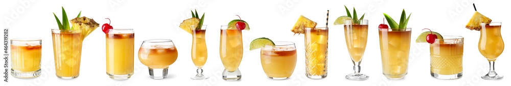 Glasses of tasty Mai Tai cocktail on white background