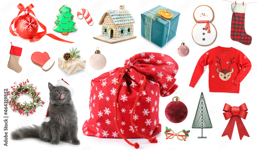 Christmas collage with cute cat and Santa bag on white background