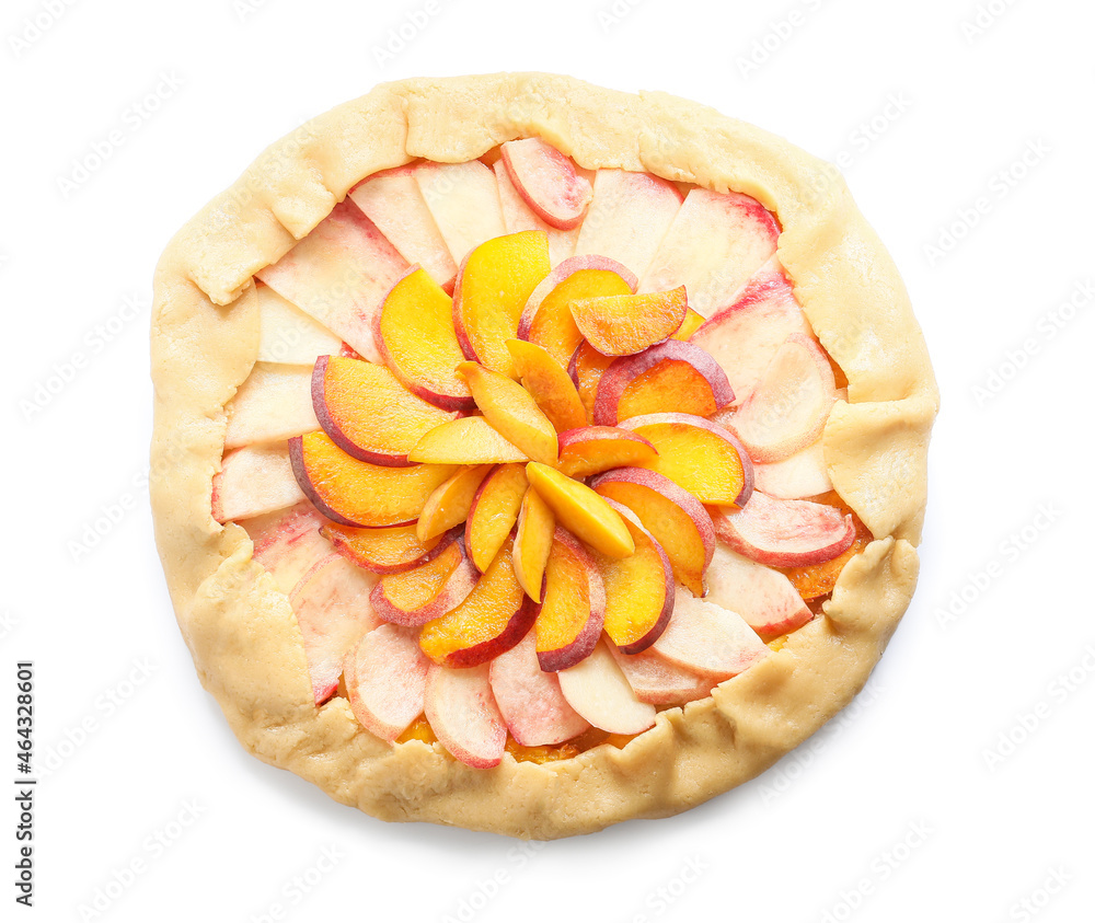 Raw peach galette on white background