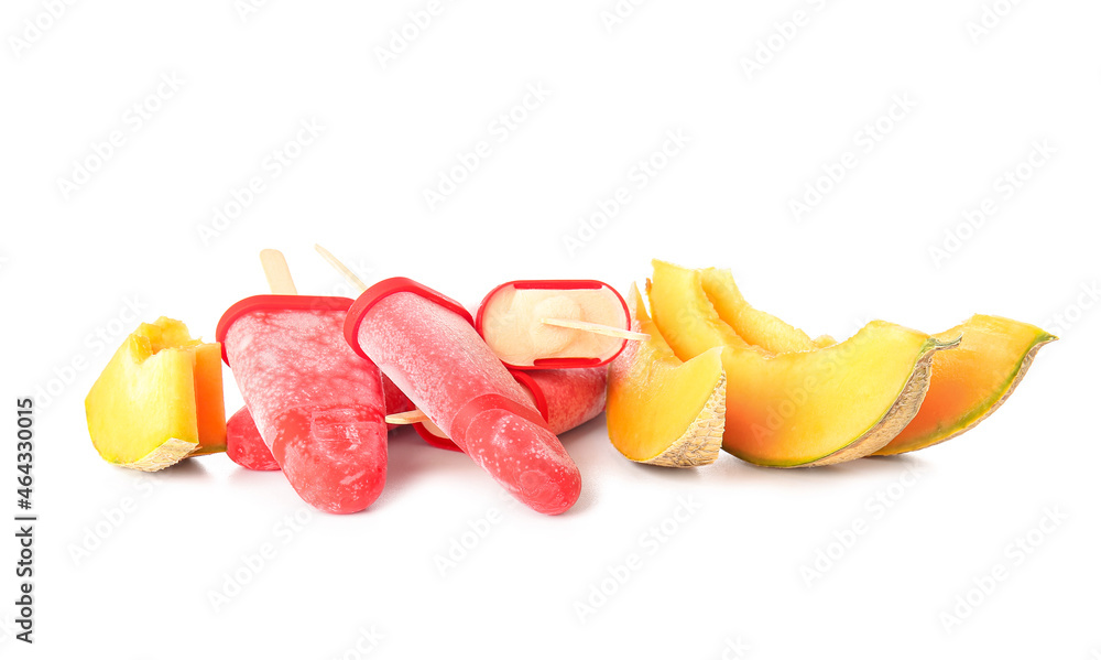 Tasty melon popsicles on white background