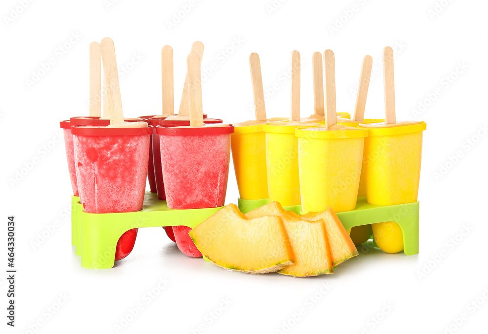 Containers with tasty melon popsicles on white background