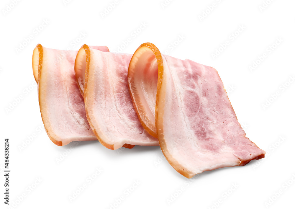 Slices of smoked bacon on white background