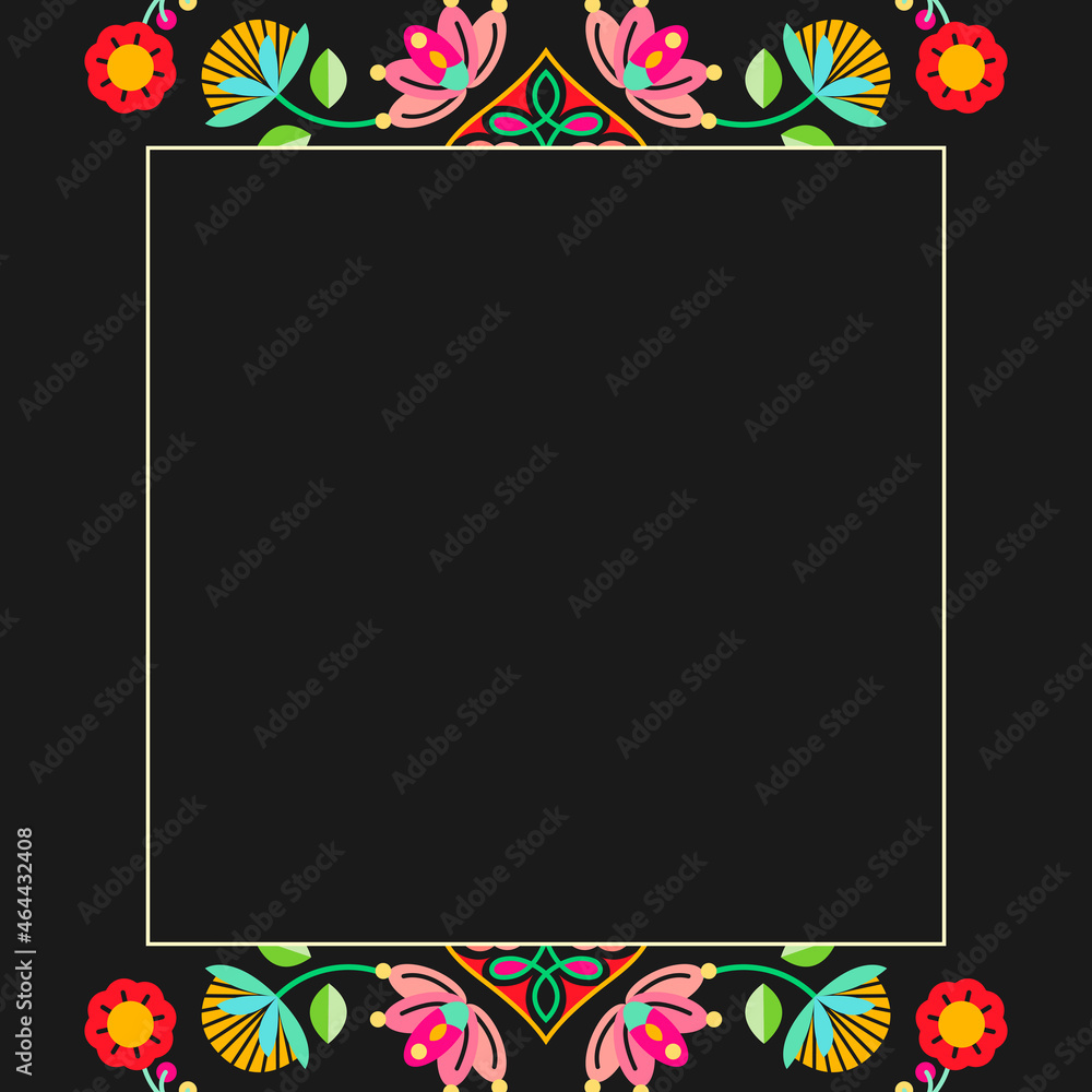 Flower and insect folk design element frame on black background vector