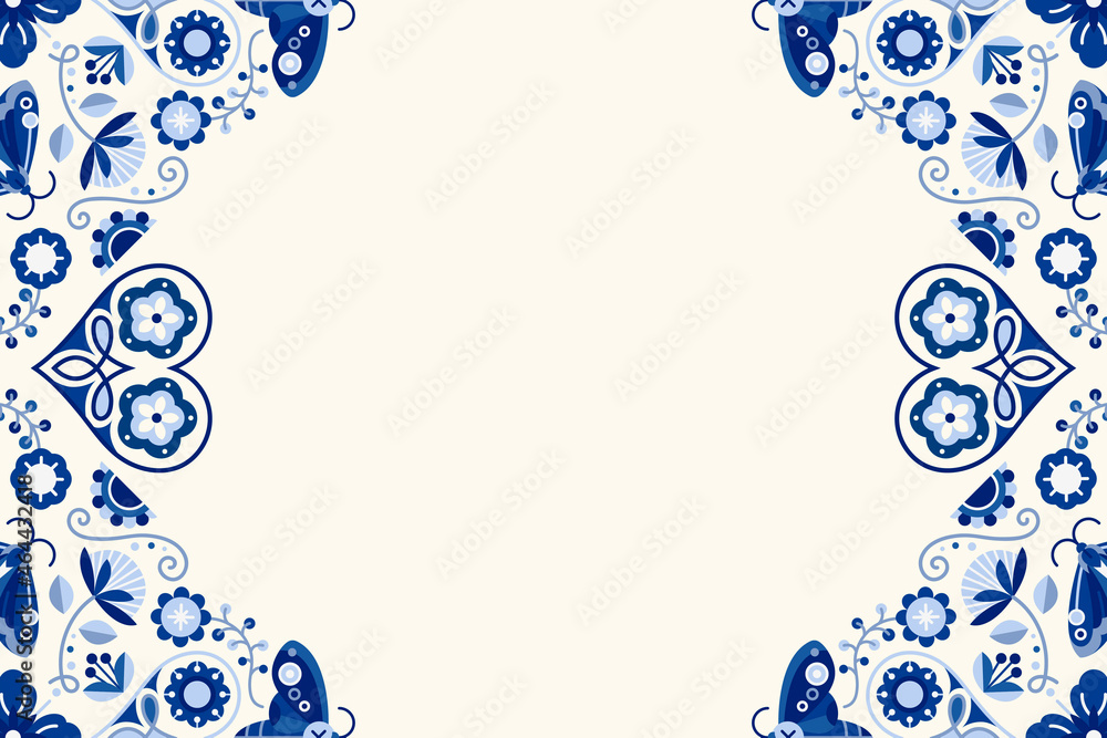 Blue folk art design element frame vector