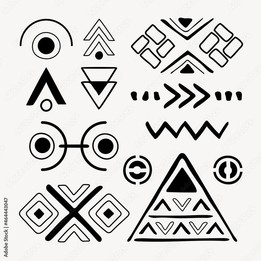 Ethnic shape sticker, black and white doodle geometric design, vector set