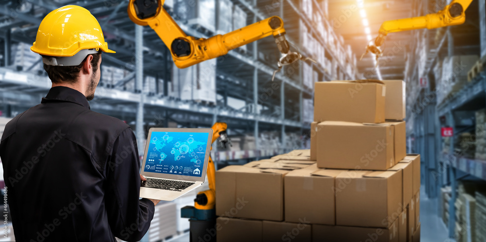 Smart robot arm systems for innovative warehouse and factory digital technology . Automation manufac