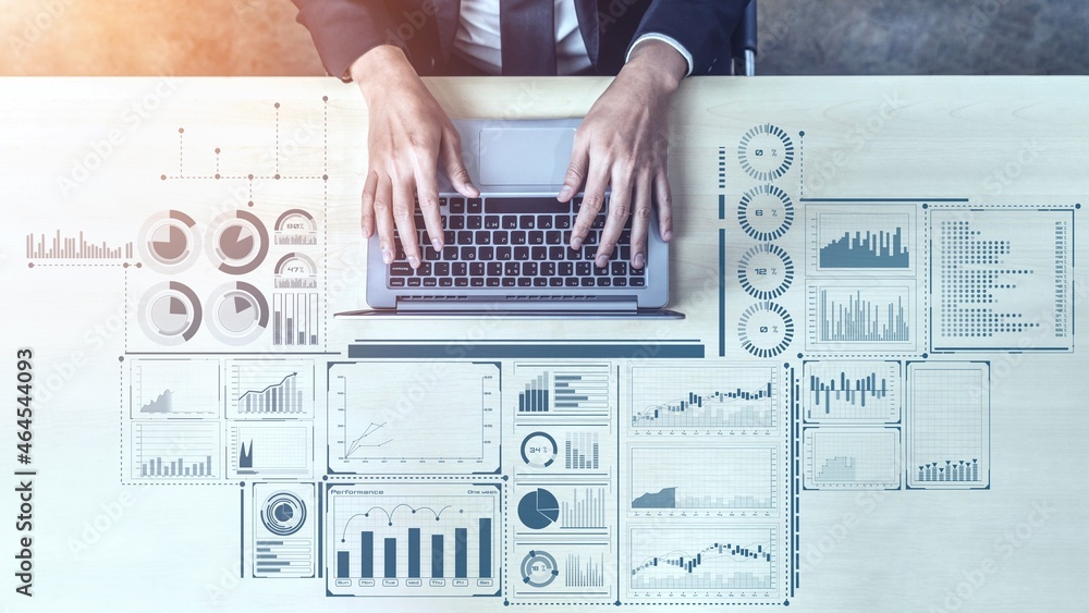 Business intelligence technology and big data analytic mixed media showing concept of futuristic inf