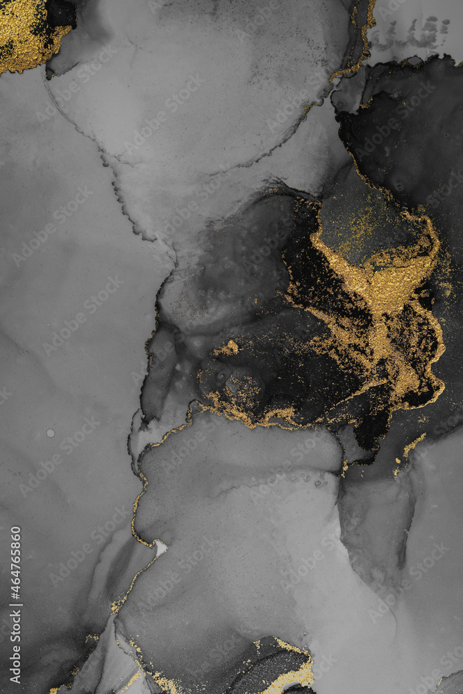 Dark gold abstract background of marble liquid ink art painting on paper . Image of original artwork