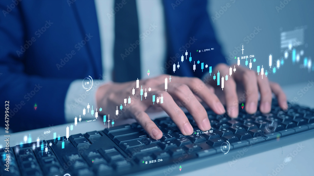 Business man trader using computer hand typing keyboard, stock exchange, corporate company, data ana