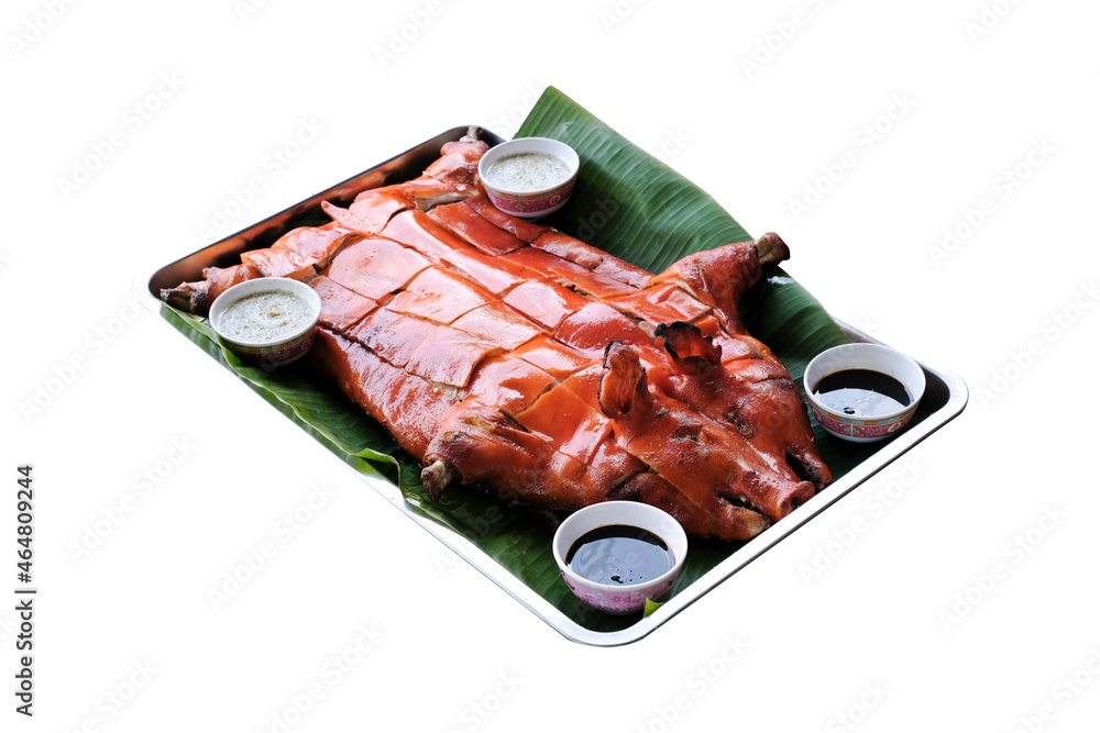 Chinese style barbecued suckling pig serve on tray isolated on white