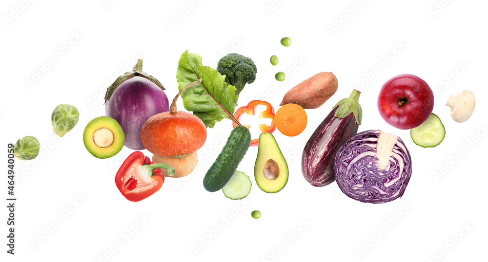 Flying fresh vegetables on white background