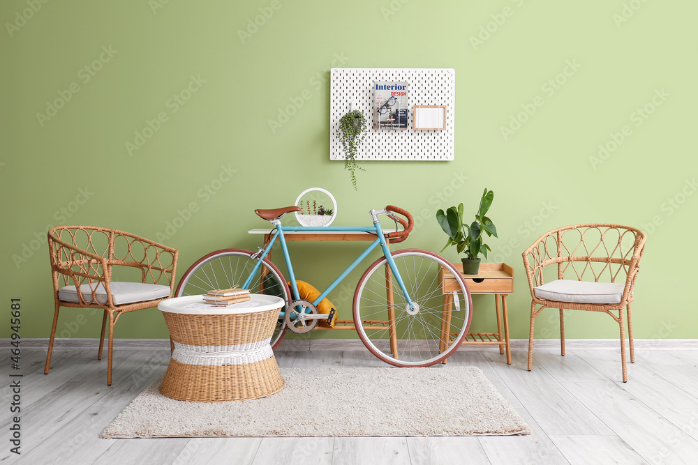 Comfortable living room interior with modern bicycle