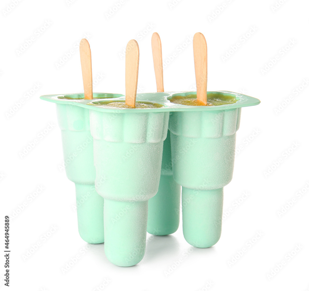 Container with tasty melon popsicles on white background