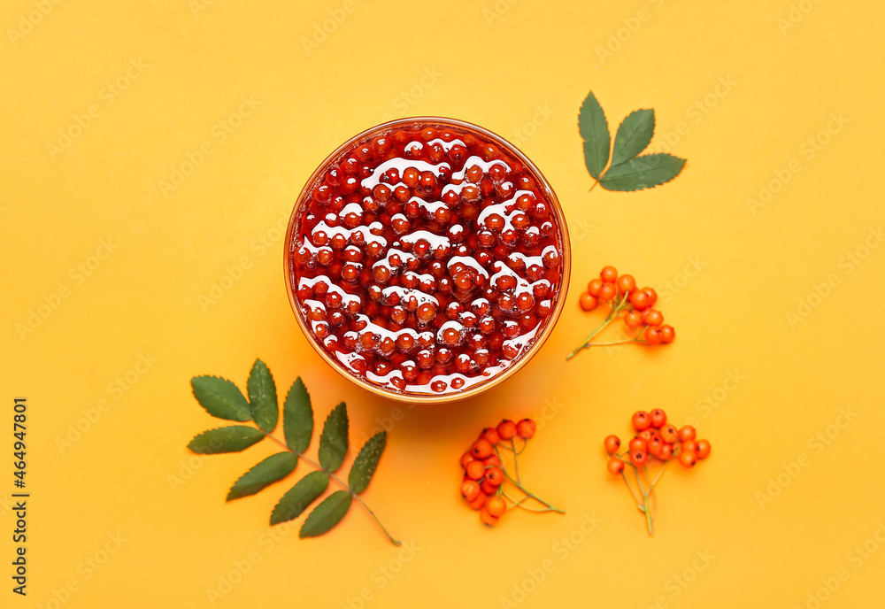 Bowl with delicious rowan jam on color background