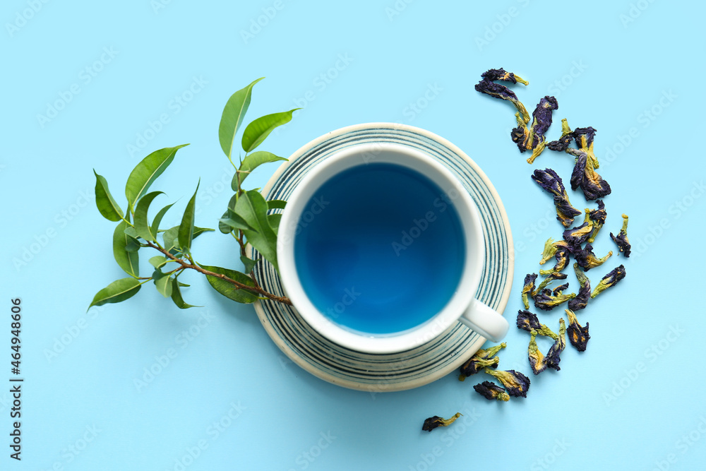 Cup of organic blue tea and dried flowers on color background