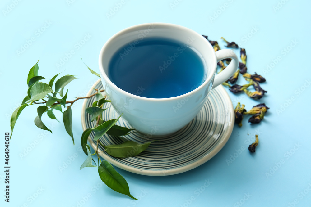 Cup of organic blue tea and dried flowers on color background, closeup