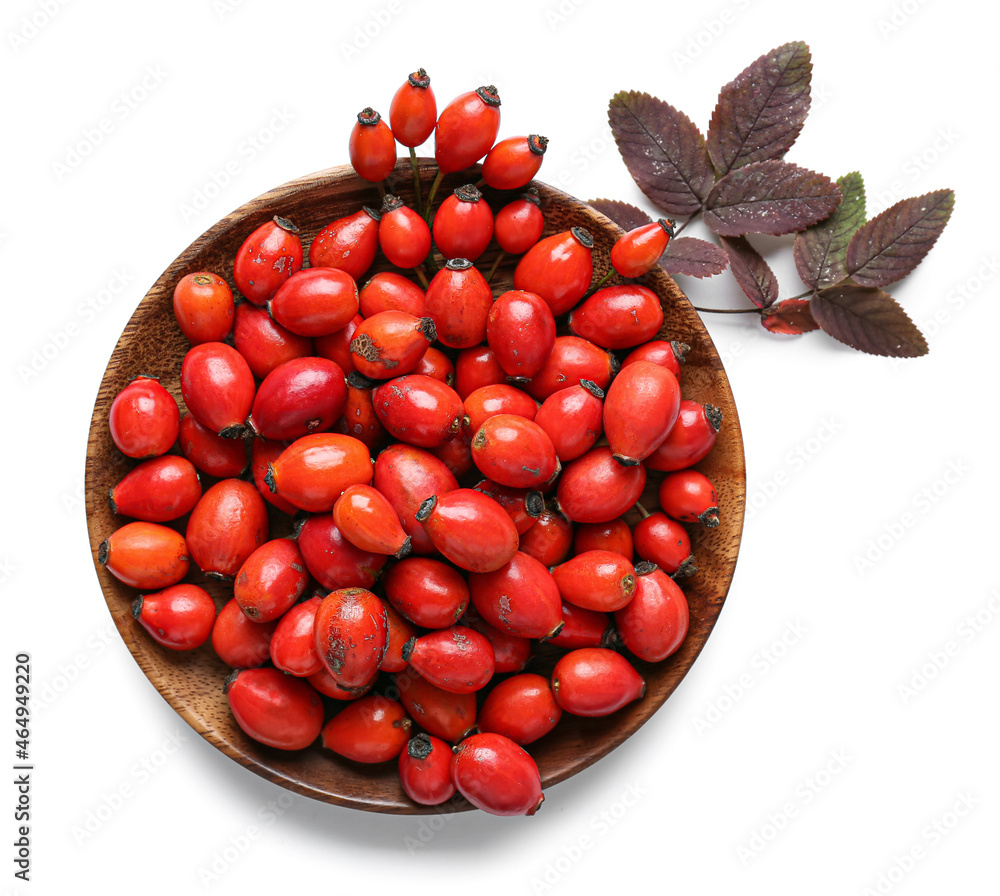 Bowl with fresh rose hip berries on white background