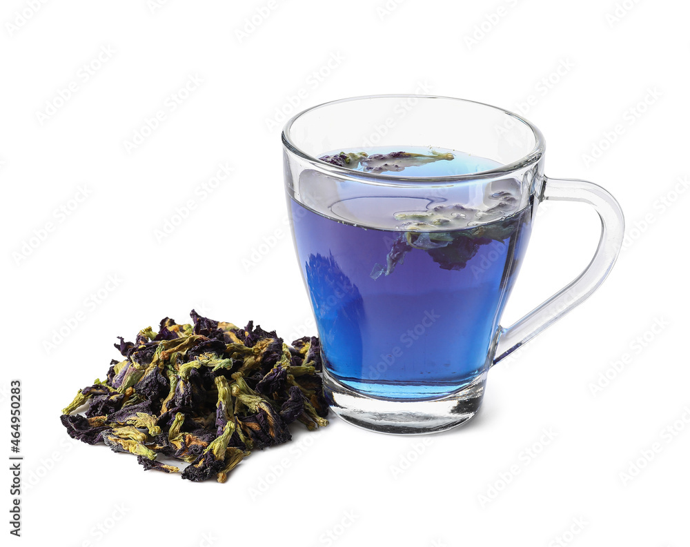 Cup of butterfly pea flower tea on white background