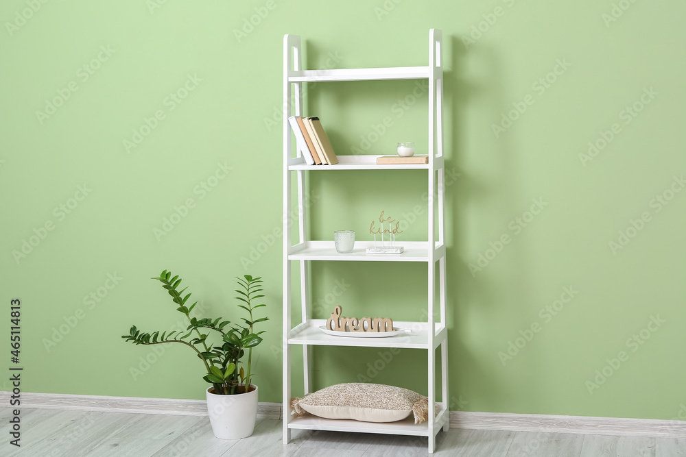 Stylish shelf unit with books, decor and houseplant near color wall