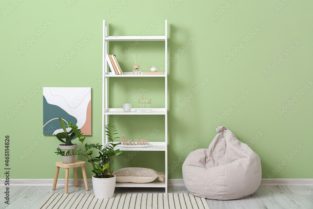 Stylish interior of living room with shelf unit, houseplants and beanbag chair near color wall