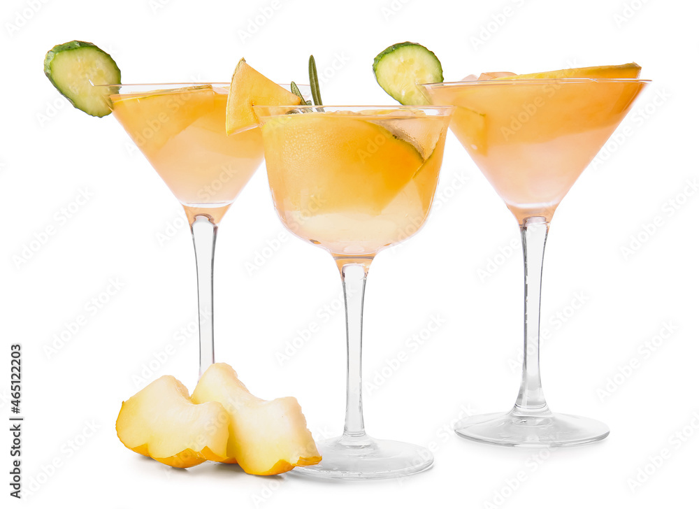 Glasses with tasty melon cocktail isolated on white background