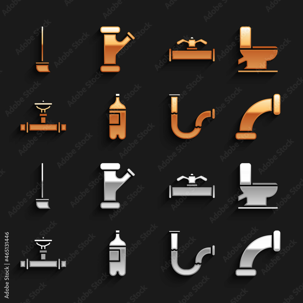 套装水瓶、抽水马桶、工业金属管、阀门、拖把和图标。矢量