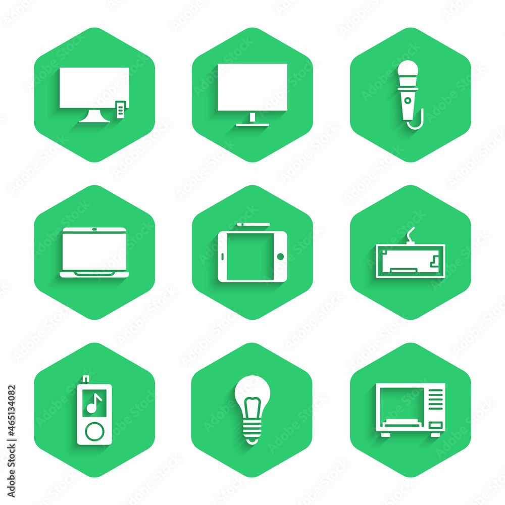 Set Graphic tablet, Light bulb with concept of idea, Microwave oven, Keyboard, Music player, Laptop,