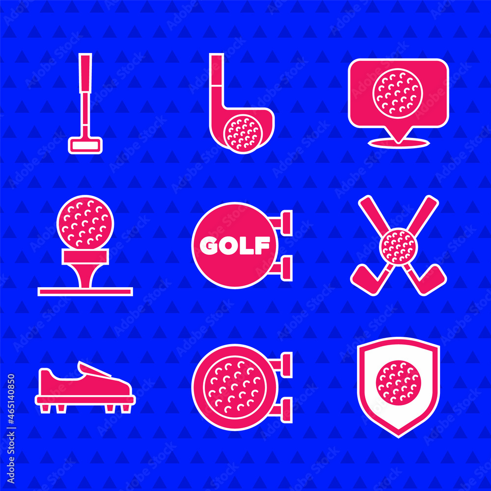 Set Golf sport club，ball with shield，Crossed Golf，shoe，on tee，label and icon.Vvector（设置高尔夫运动球杆，带护盾的球