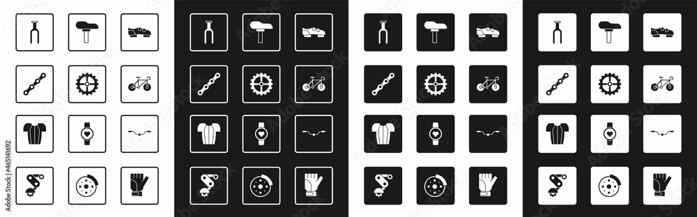 Set Bicycle shoes, sprocket crank, chain, fork, seat, handlebar and Cycling t-shirt icon. Vector