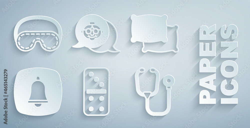 Set Domino, Pillow, Emergency phone call, Stethoscope, Grandmother and Eye sleep mask icon. Vector