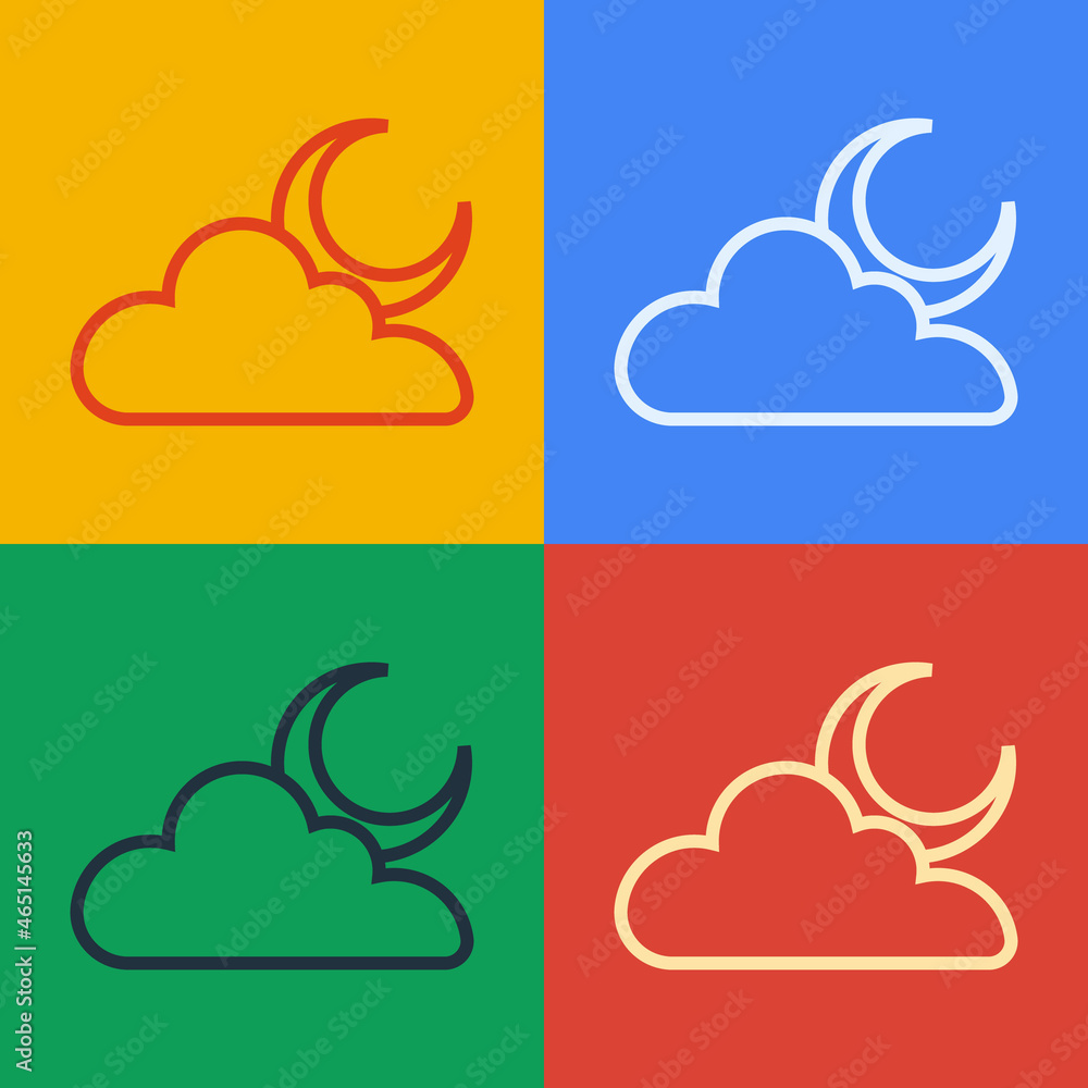 Pop art line Cloud with moon icon isolated on color background. Cloudy night sign. Sleep dreams symb